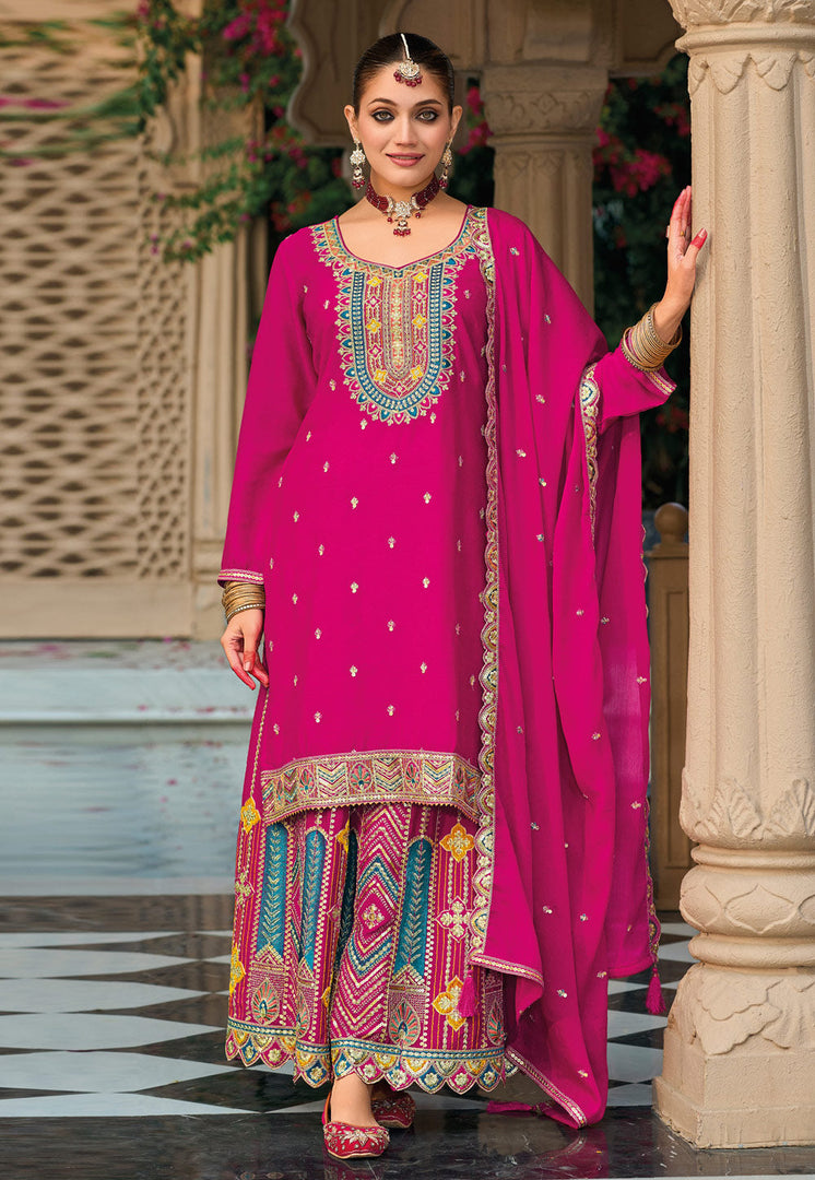 Magenta Chinon Palazzo Suit
