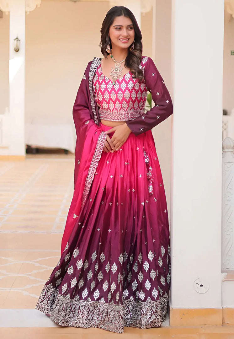Magenta Chinon Readymade Lehenga Choli