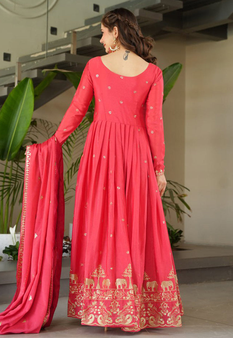 Magenta Chinon Readymade Long Anarkali Suit