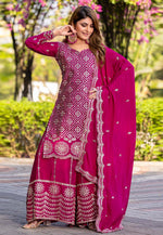 Load image into Gallery viewer, Magenta Chinon Readymade Palazzo Suit

