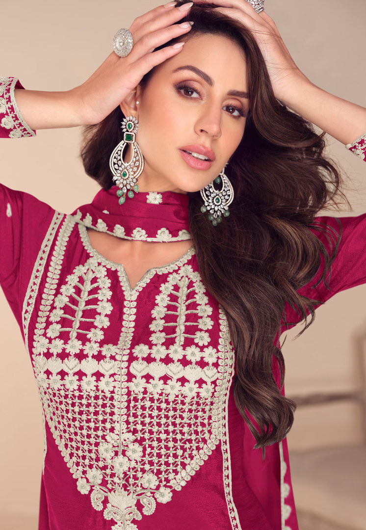 Magenta Chinon Silk Gharara Suit
