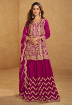 Load image into Gallery viewer, Magenta Chinon Silk Long Choli Lehenga
