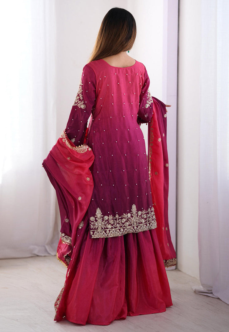 Magenta Chinon Silk Readymade Gharara Suit