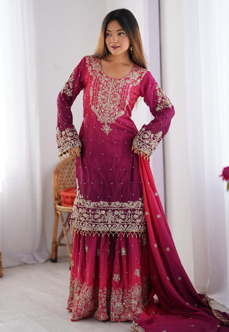 Magenta Chinon Silk Readymade Gharara Suit