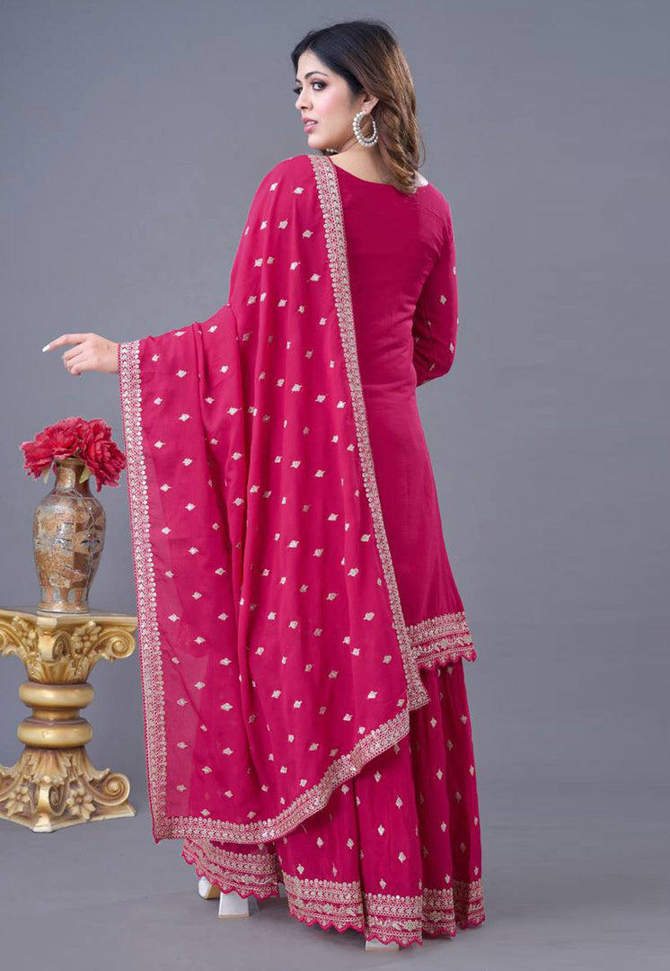 Magenta Chinon Silk Readymade Sharara Suit