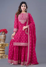 Load image into Gallery viewer, Magenta Chinon Silk Readymade Sharara Suit
