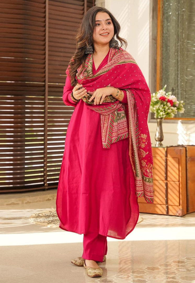 Magenta Cotton Readymade Pant Style Suit