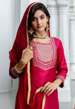 Load image into Gallery viewer, Magenta Cotton Silk Readymade Pant Style Suit
