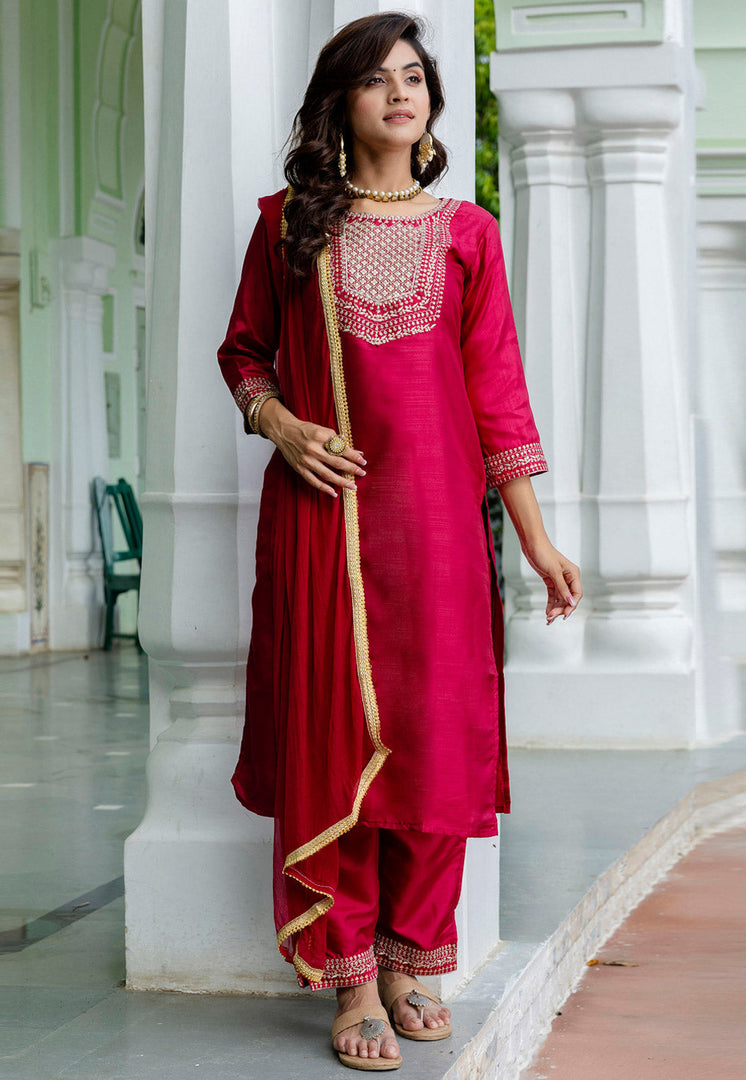 Magenta Cotton Silk Readymade Pant Style Suit