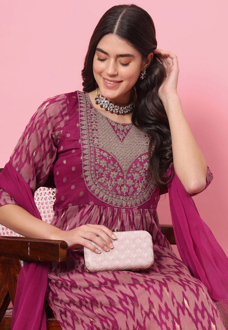 Magenta Cotton Silk Readymade Pant Style Suit