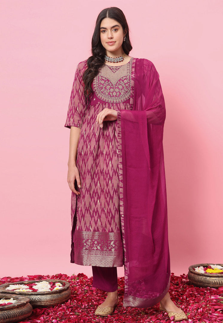 Magenta Cotton Silk Readymade Pant Style Suit