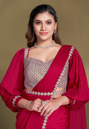 Magenta Crepe Saree With Blouse
