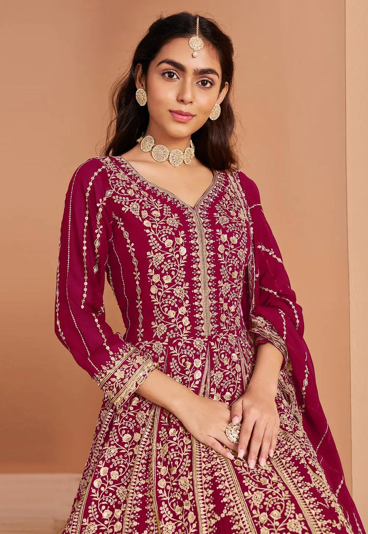 Magenta Faux Georgette Embroidered Anarkali Suit