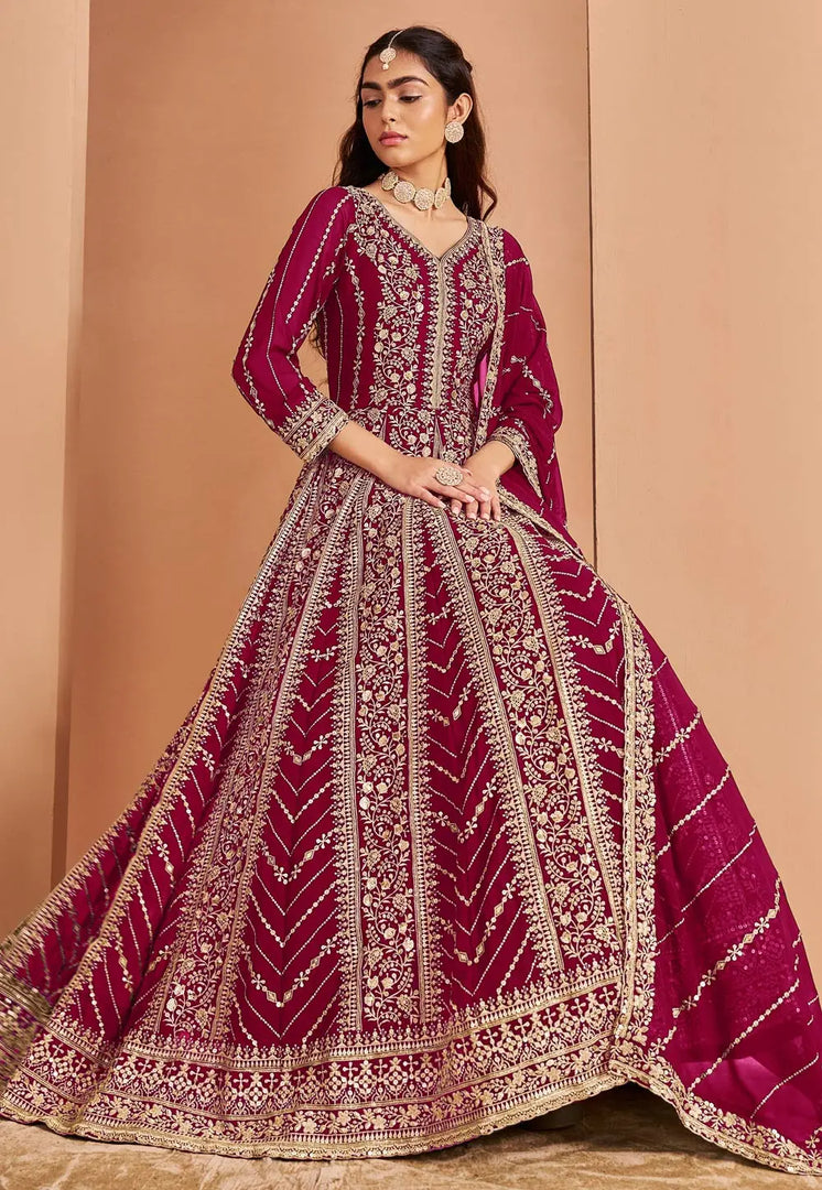 Magenta Faux Georgette Embroidered Anarkali Suit