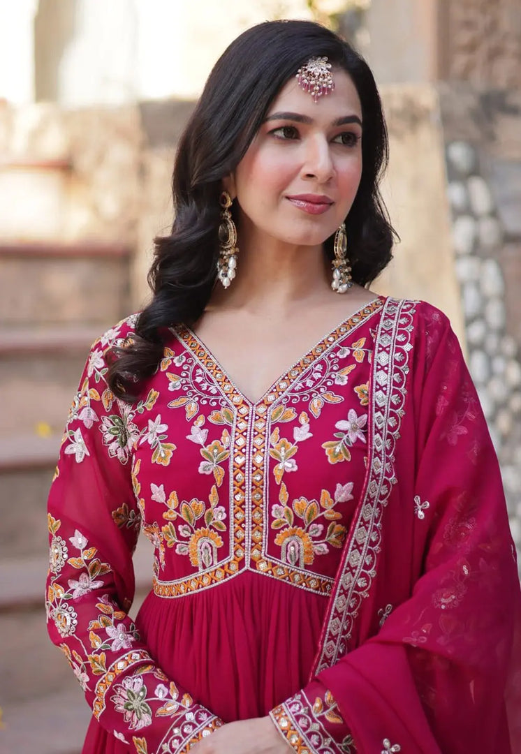 Magenta Faux Georgette Readymade Anarkali Suit