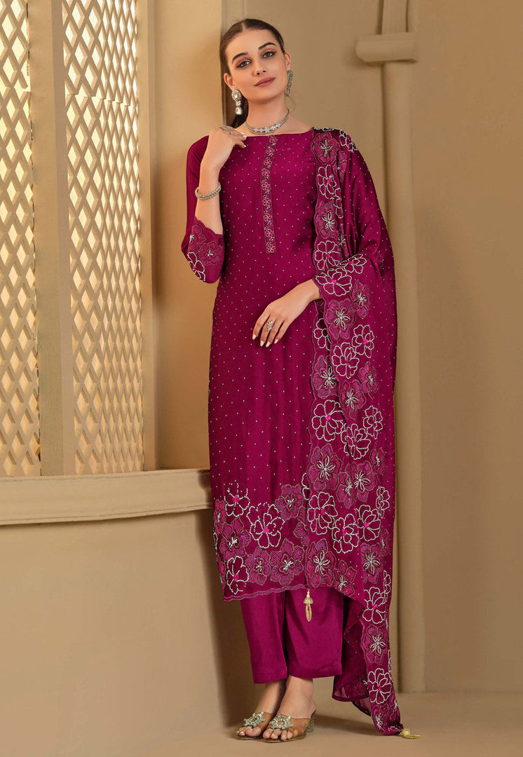 Magenta Georgette Straight Suit