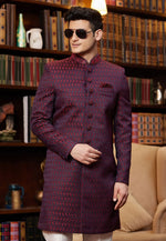 Load image into Gallery viewer, Magenta Jacquard Silk Indo Western Sherwani
