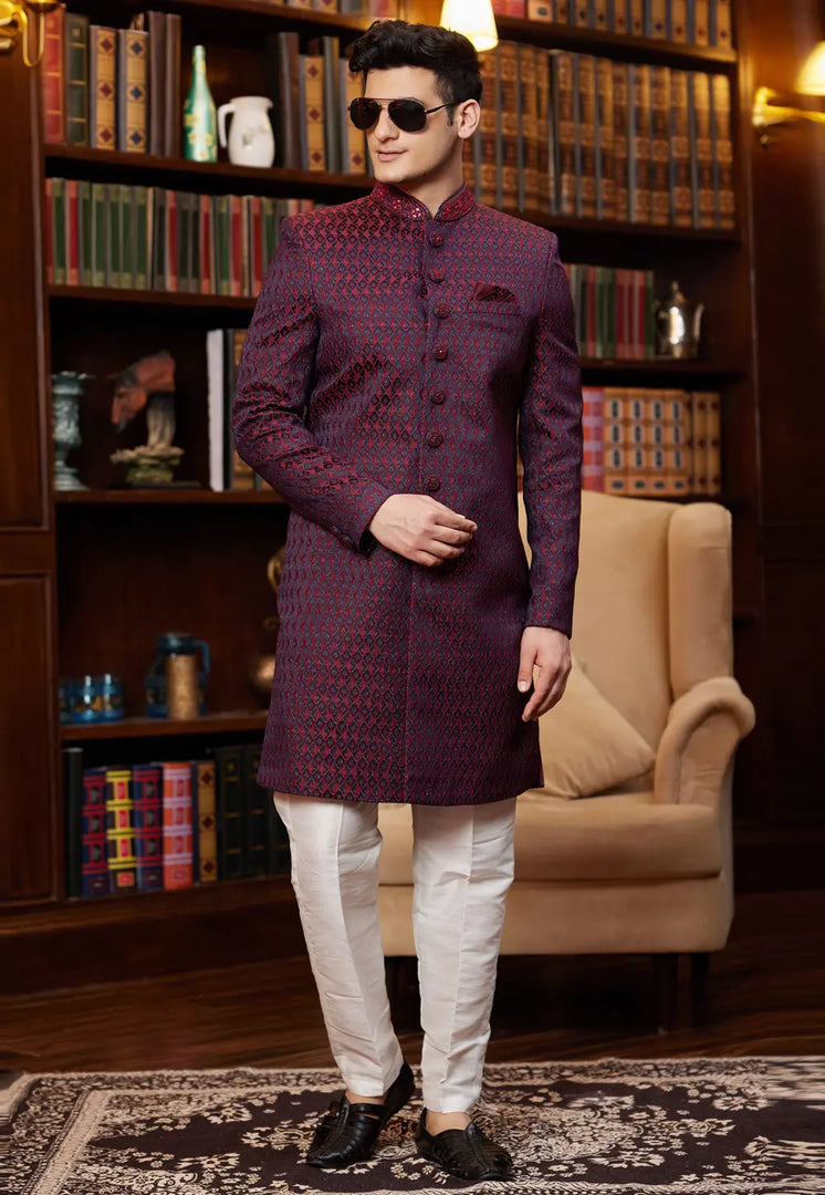 Magenta Jacquard Silk Indo Western Sherwani