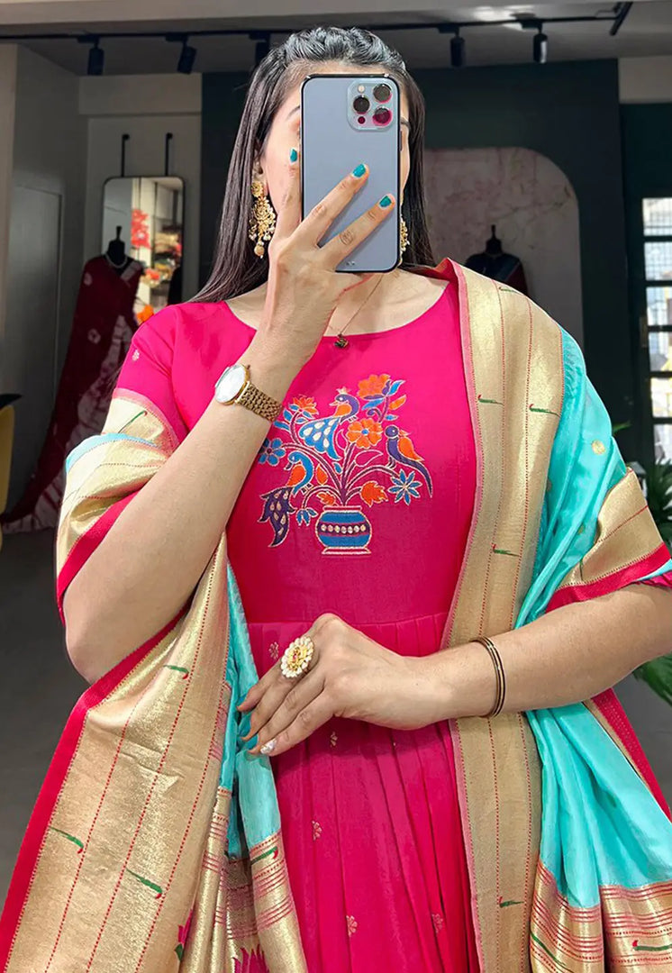 Magenta Jacquard Silk Readymade Anarkali Suit
