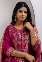 Load image into Gallery viewer, Magenta Jacquard Silk Readymade Pakistani Suit
