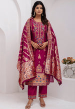 Load image into Gallery viewer, Magenta Jacquard Silk Readymade Pakistani Suit
