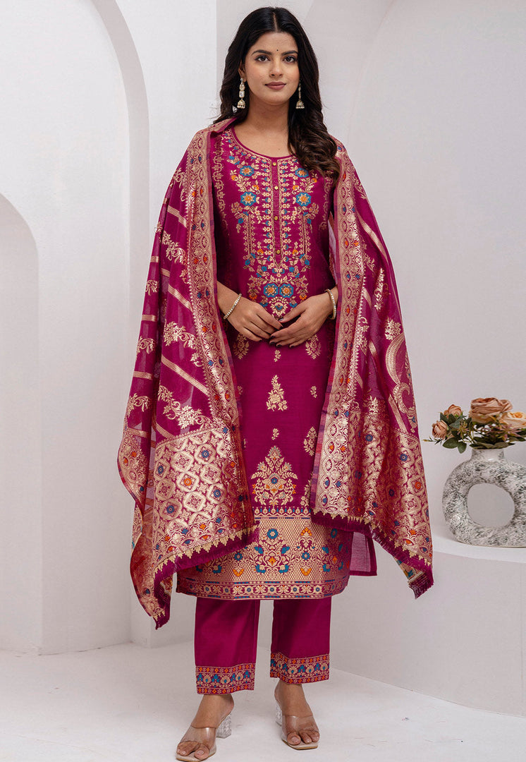 Magenta Jacquard Silk Readymade Pakistani Suit