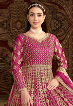 Load image into Gallery viewer, Magenta Net Embroidered Long Anarkali Suit
