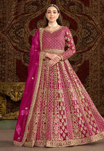 Load image into Gallery viewer, Magenta Net Embroidered Long Anarkali Suit
