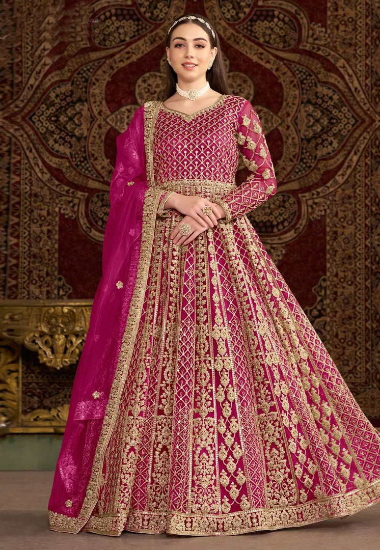 Magenta Net Embroidered Long Anarkali Suit