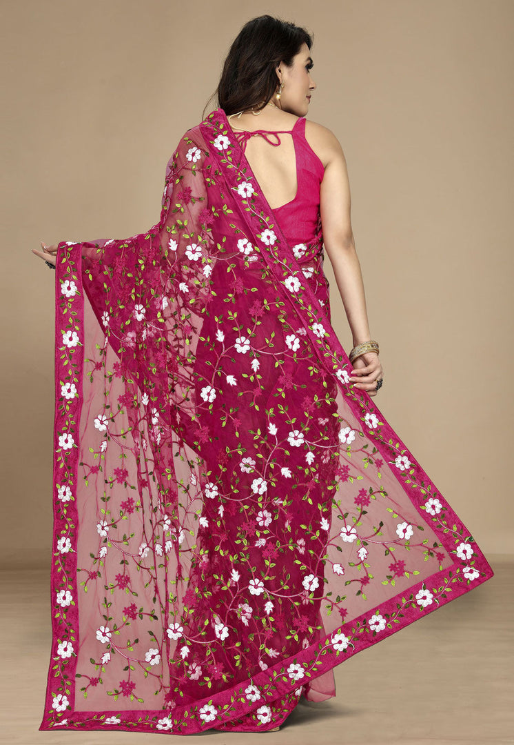 Magenta Net Saree With Blouse