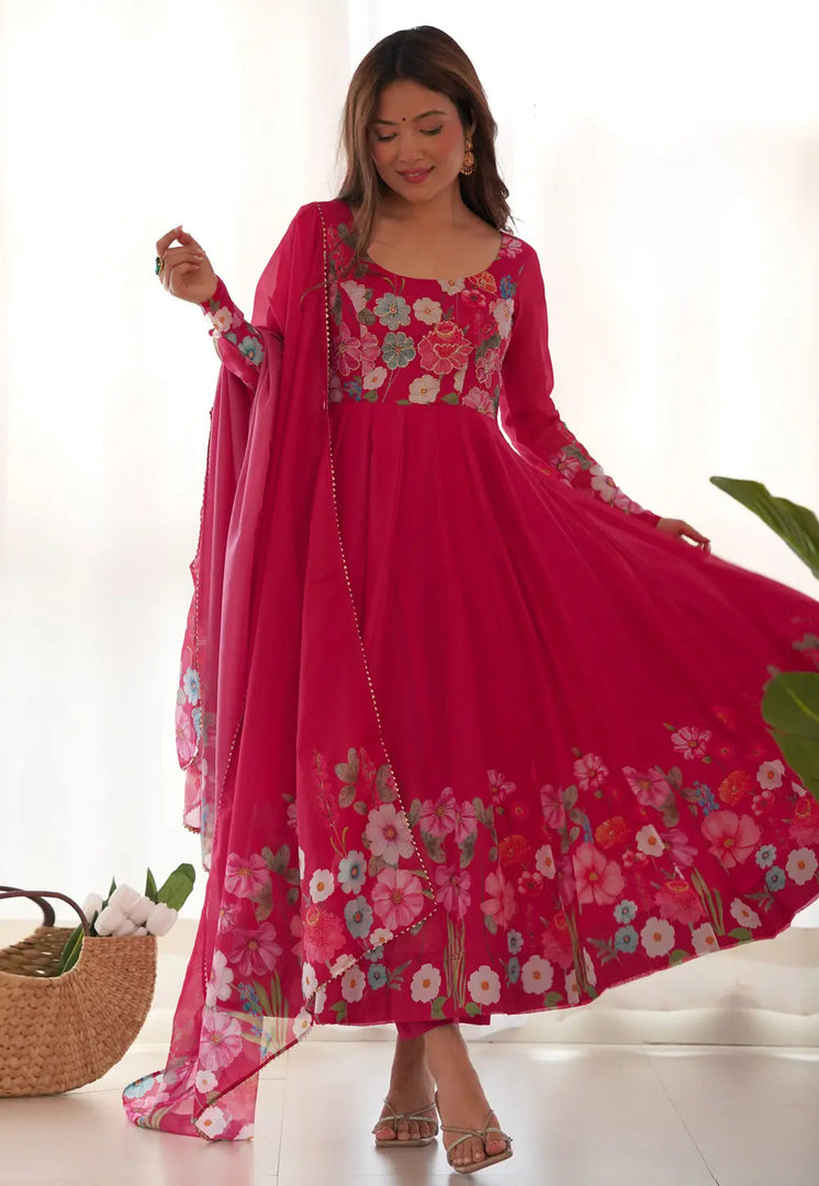 Magenta Organza Readymade Anarkali Suit