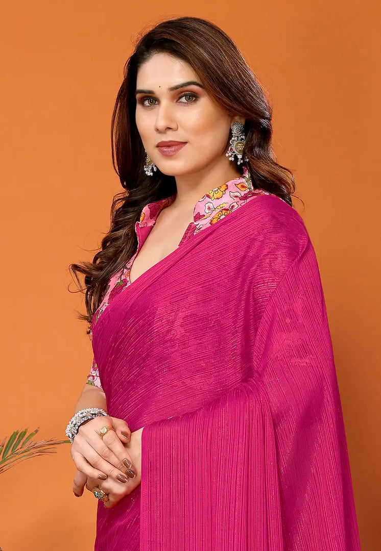 Magenta Polyester Saree With Blouse