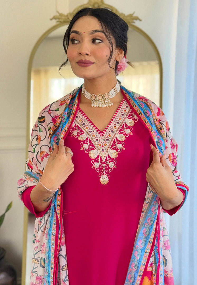 Magenta Rayon Readymade Pant Style Suit