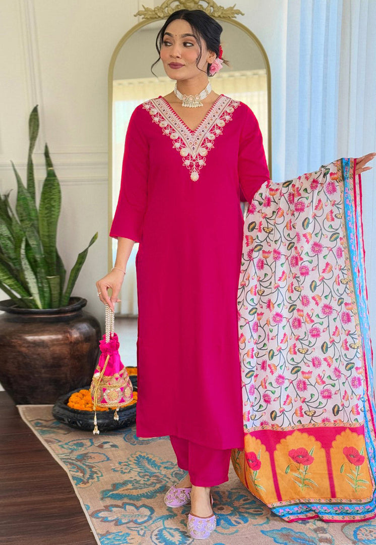 Magenta Rayon Readymade Pant Style Suit