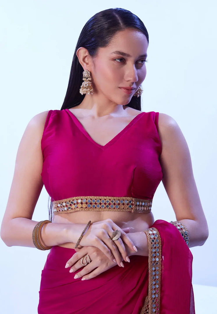 Magenta Satin Chiffon Saree With Blouse