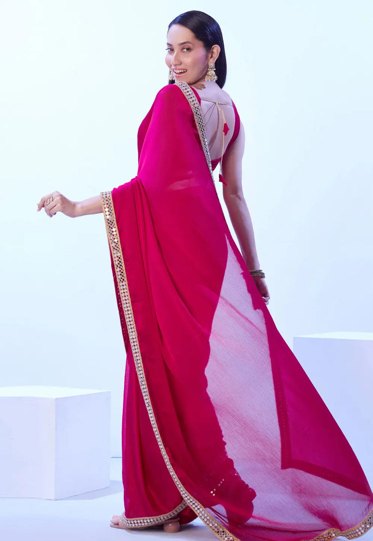 Magenta Satin Chiffon Saree With Blouse