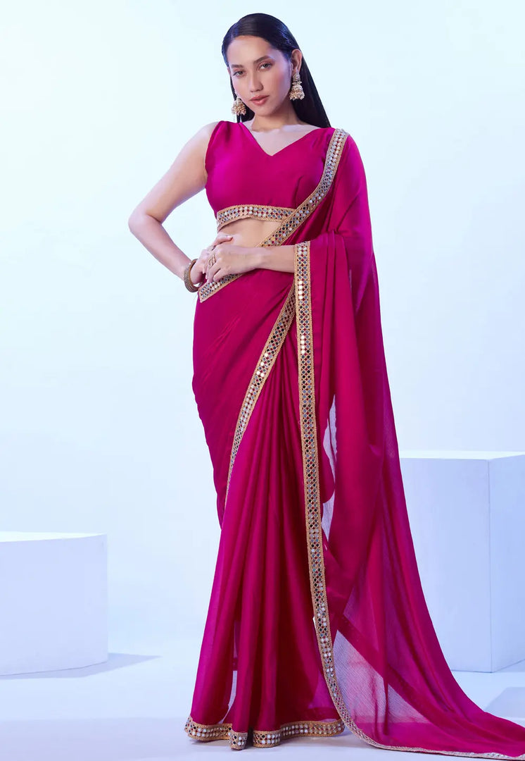 Magenta Satin Chiffon Saree With Blouse