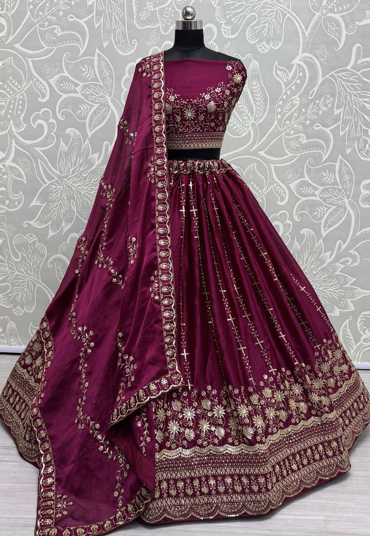 Magenta Satin Chiffon Wedding Lehenga Choli