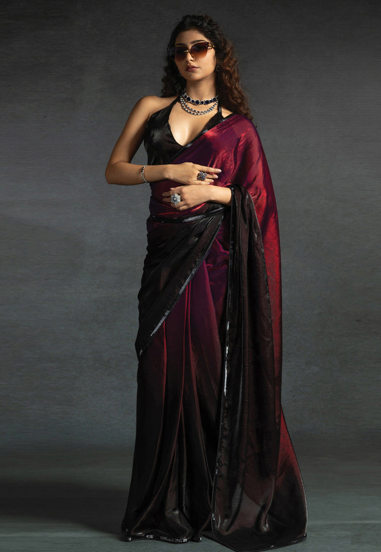 Magenta Satin Silk Half N Half Saree