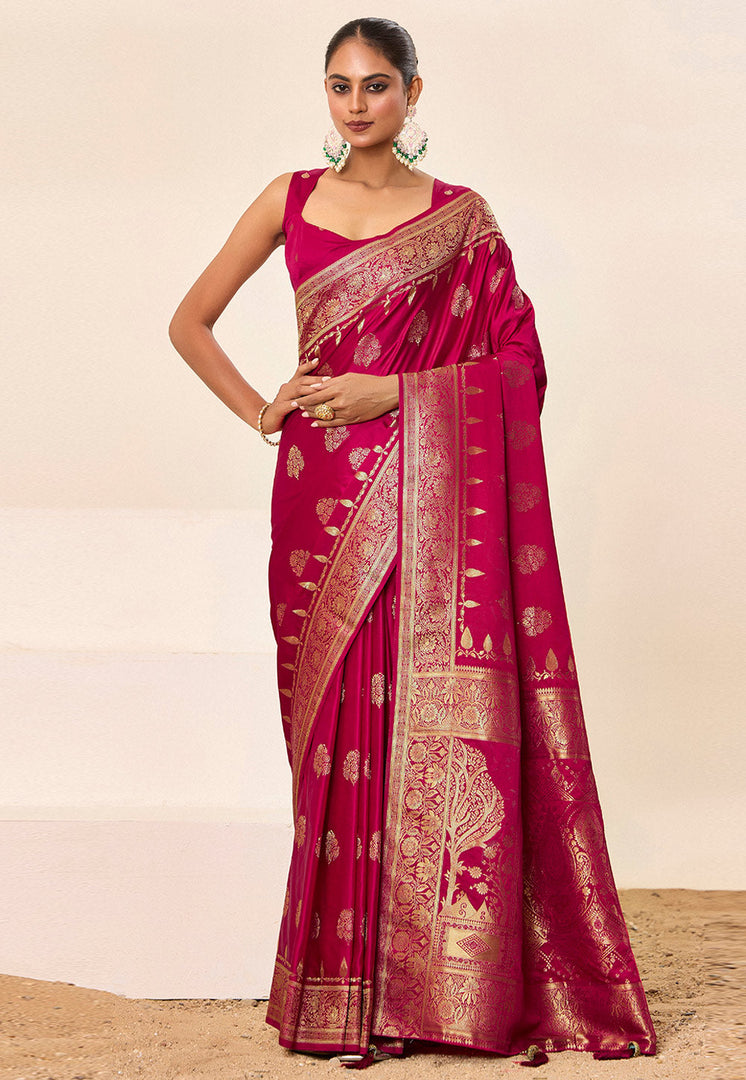 Magenta Satin Silk Saree With Blouse