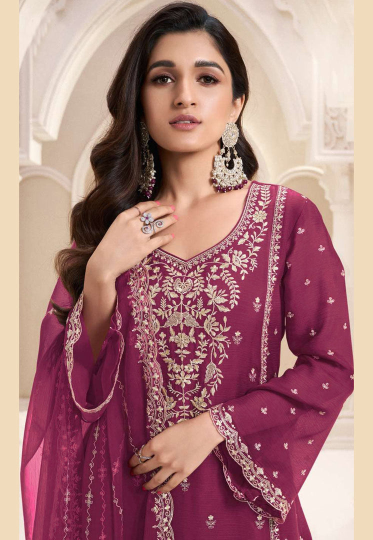 Magenta Silk Chiffon Straight Suit