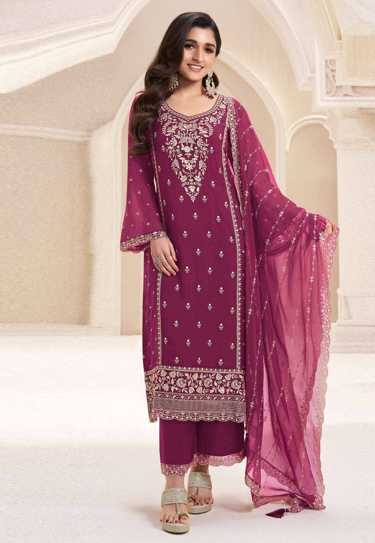 Magenta Silk Chiffon Straight Suit