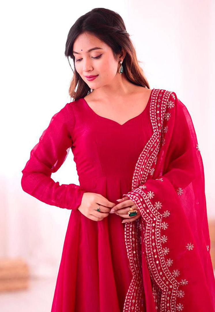 Magenta Silk Readymade Anarkali Suit