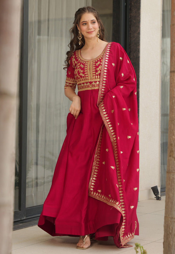 Magenta Silk Readymade Anarkali Suit