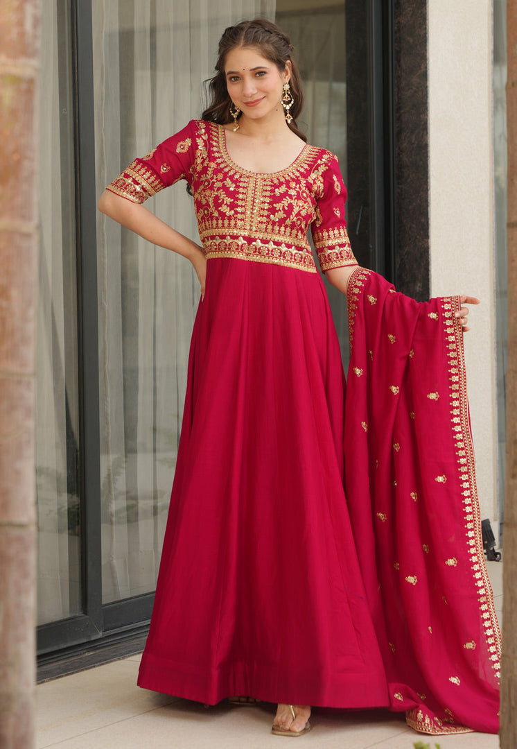 Magenta Silk Readymade Anarkali Suit