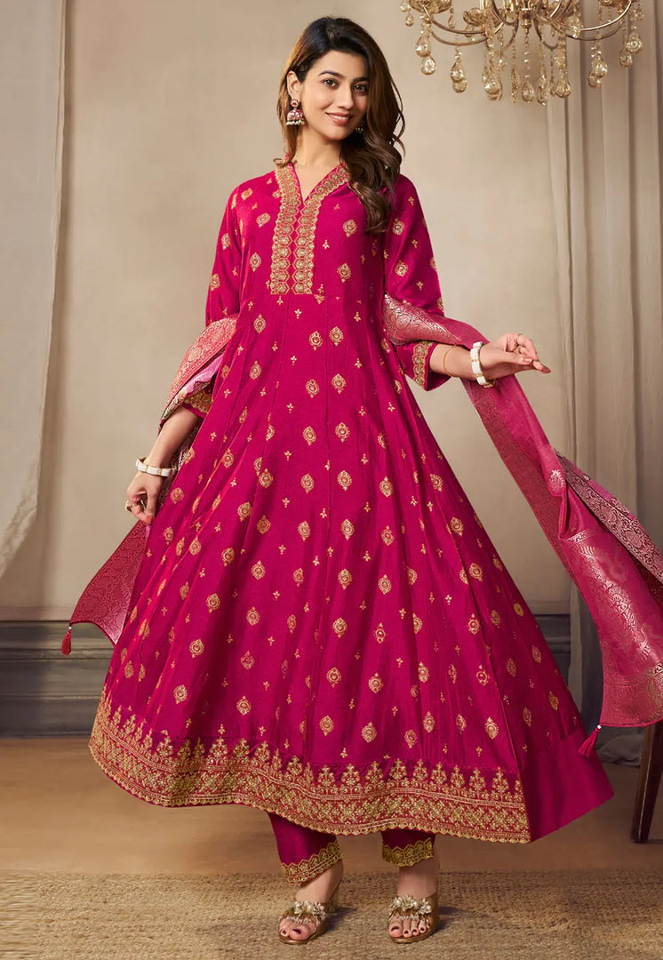 Magenta Silk Readymade Long Anarkali Suit