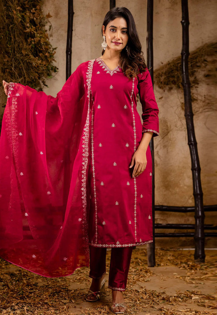 Magenta Silk Readymade Pakistani Suit