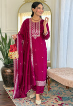 Load image into Gallery viewer, Magenta Silk Readymade Pakistani Suit
