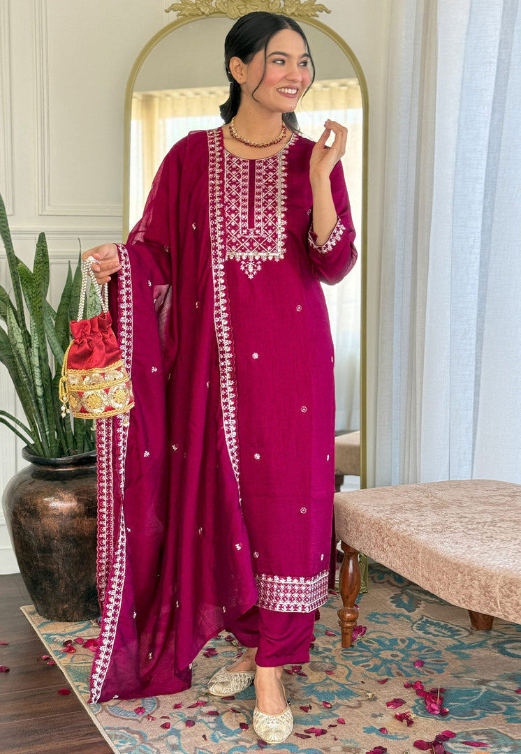 Magenta Silk Readymade Pakistani Suit