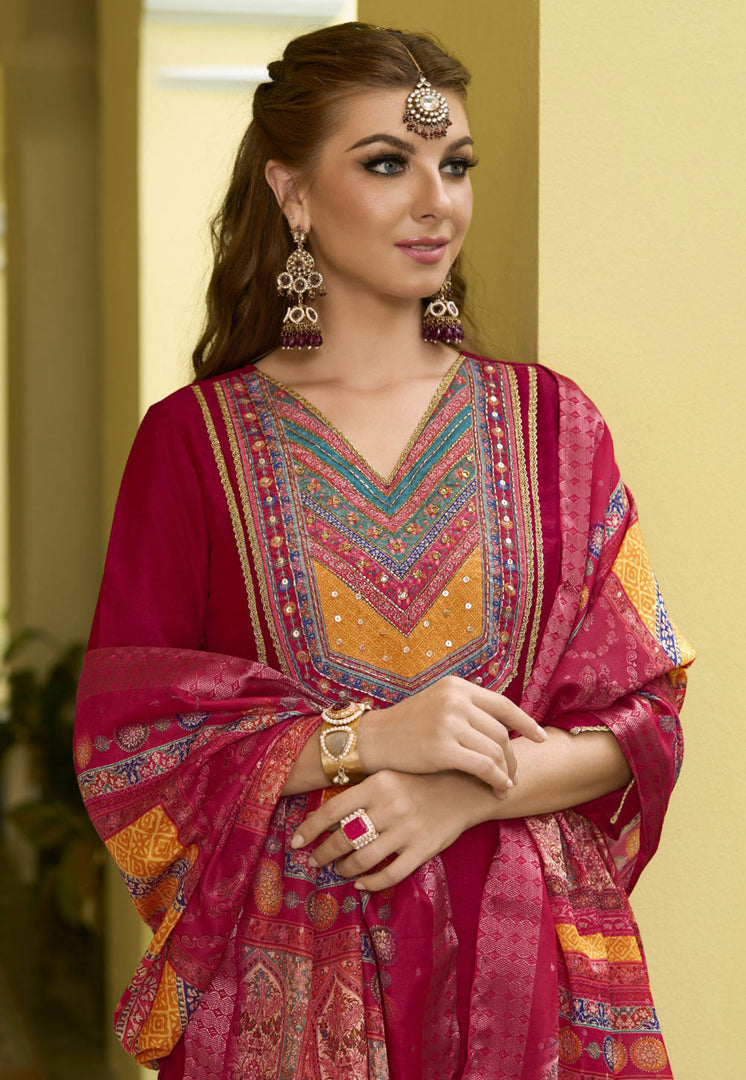 Magenta Silk Readymade Pakistani Suit